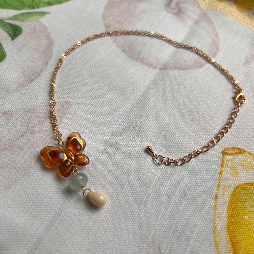 Amber Blue Jade Beige Czech Glass Acrylic Butterfly Necklace, Cute Fun Jewelry - Picture 6 of 7